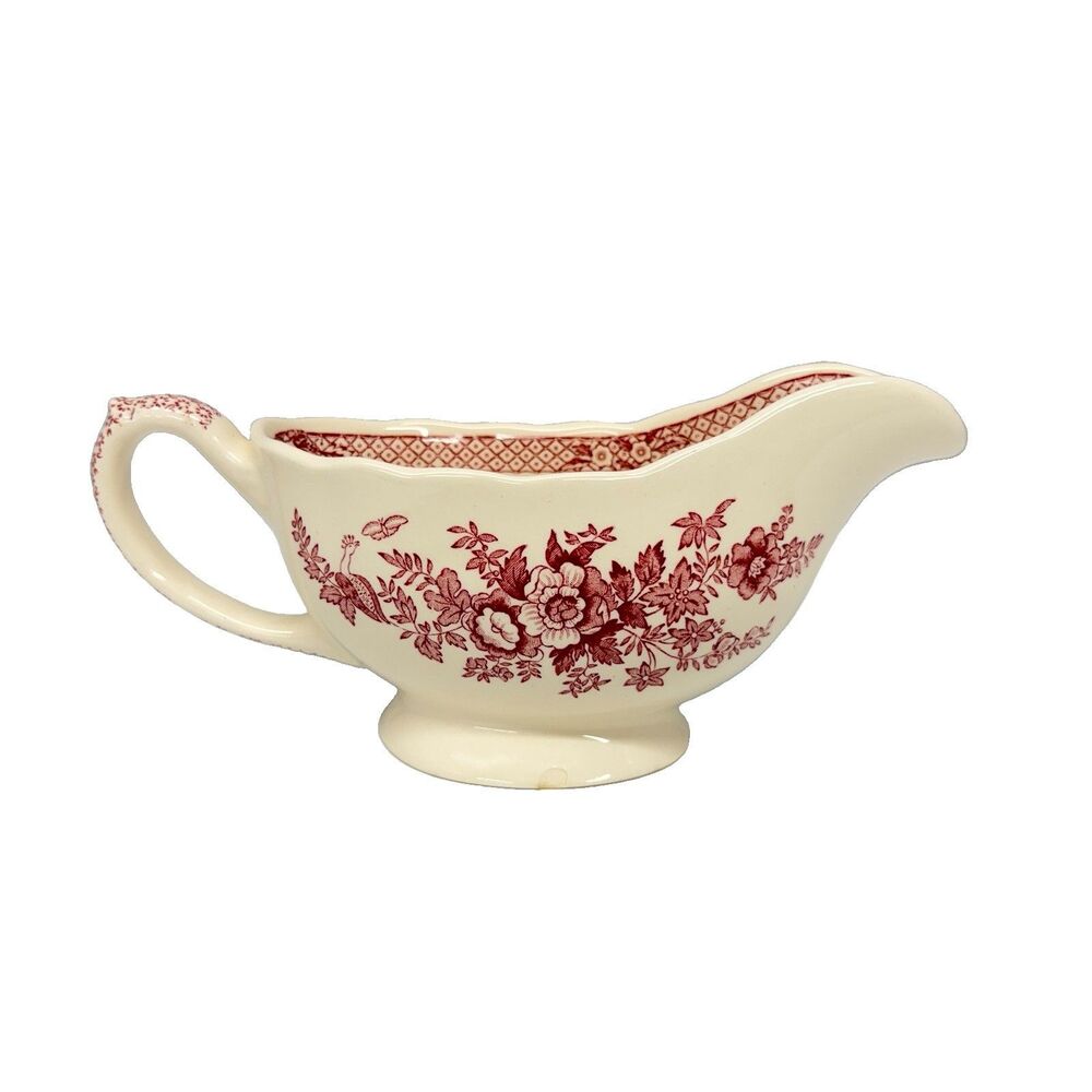 Vtg Mason’s Stratford Pink Red Transferware Ironstone Gravy Boat England 8” READ